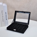 Black velvet 24-compartment jewelry organizer box with a clear glass window and silver lock - 24 Grids / Black