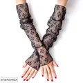 Macro detail of black mesh lace arm sleeves with floral embroidery and fingerless design - Small Flower