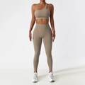 Ensemble de fitness taupe deux pièces avec brassière asymétrique et legging taille haute - 10/M / Pantalon à Une Épaule Brun Sable