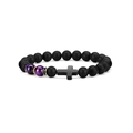 Detailed view of matte black onyx beads with purple tiger eye stones and cross pendant - Purple