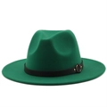 Detail of dark green wool fedora hat featuring black leather band and gold metal buckle - M (56-58cm) / Grass Green