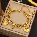 Double-layer gold stainless steel chain bracelet with heart pendants and bead charms - Gold Double Layer Heart Pendant Chain (LM011)