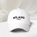 White Milano embroidery baseball cap in minimalist style with adjustable strap - White