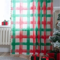 Rideau de Noël à carreaux rouges et verts avec pompons et texture festive en tissu - À crochet / L150cmxH220cm / Carreaux Rouge et Vert