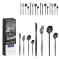 Close-up of 24-piece matte black stainless steel cutlery set with elegant gift box - Portugal Style (24Pcs Set/Mail Box) / Black