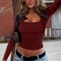 Slim fit long sleeve dark red T-shirt with a square neckline for women in a street style - S / Burgundy