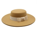 Detail of camel wool felt boater hat with cream ribbon and gold bee metal ornament - M (56-58cm) / Camel