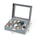 Caja gris de cuero para 10 relojes con tapa de cristal y cojines, 25x20x8 cm - 25.5x20x8cm