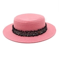 Detailed macro of pink straw boater hat featuring tweed ribbon and gold M metal buckle - M (56-58cm) / Dusky Pink