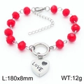 Red beaded heart bracelet with LOVE pendant in stainless steel and silver finish - Steel Red