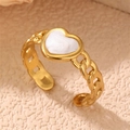 Adjustable gold Cuban link ring featuring a pearlescent white heart center for women - Cuban Chain Heart (RS0020aixin)