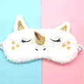 White unicorn plush sleep mask with golden 3D horn and glitter star sequins details - White with Gold Horn