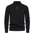 Detailed view of black knitted sweater featuring a stand collar and metallic half-zipper - Dark Green