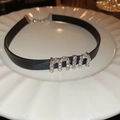 Macro-detail van zwarte lederen choker met strass-belettering op een wit bord - Ketting-Zwart