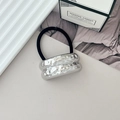 Elastic hair tie with a silver hammered texture geometric metal buckle accessory - Style M Silver