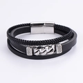 Men's multilayer black leather bracelet with braided texture and silver metal accents - Chain Style