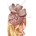 Elegant dusty rose fascinator with sinamay bow, feathers and pearl accents - Champagne