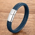 Minimalist blue braided leather bracelet for men and women with silver magnetic clasp - Blue Woven Leather With Silver Metal Clasp