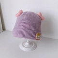 Lavender knit baby hat with pink horns and Good Life patch on a white stand - 6 Months - 3 Years (33-52cm) / Purple (3D Heart)