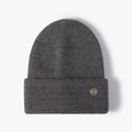 Thick charcoal grey ribbed knit beanie for women with golden M-letter metal buckle - One Size / Dark Gray