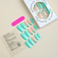 Detail view of almond press-on nails set with glitter edges, file, and jelly glue tabs - Mint Green French Style with Gold Glitter (XB-30-09)