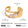 Wide gold stainless steel open bangle featuring white pearls with product dimensions - White Pearl Style (JDBW2410015-WT)