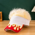 Creative white sun visor with yellow flame embroidery and blonde faux hair wig extension - White And Light Yellow