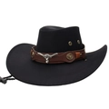 Cappello da cowboy nero con placca in metallo a testa di toro e fascia in cuoio marrone - Taglia Unica (56-58cm) / Nero