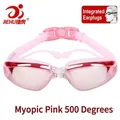 Pink prescription swim goggles with 500 degree lenses and integrated earplugs - 500 Degree Myopia / Electroplated Pink