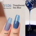 Y026 Sea Blue gel nail polish showing translucent matte and glossy finish effects - Y-026 Translucent Starry Sea Blue