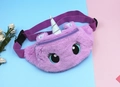 Detail of plush unicorn waist bag with silver sequin horn and embroidered eyes - Pure Purple