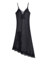 Detail eines schwarzen Satin-Trägerkleids mit Spitzensaum und asymmetrischem Schnitt - XS / Schwarz