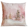 Pink Christmas pillowcase featuring a dreamy watercolor winter snow scene with trees - Watercolor Forest