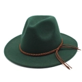 Detailed side view of dark green wool fedora hat with brown braided tassel leather band - M (56-58cm) / Dark Green