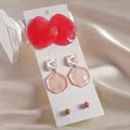 6-piece geometric resin earring set in red, cream, and brown for beach vacations - Silver Needle-Rose Red (6-Piece Set)