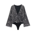 Elegant deep V-neck long sleeve bodysuit with sequins in charcoal gray for party wear - M / Gray