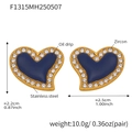 Macro detail of blue heart earring with gold stainless steel base and zircon stones - F1315-Gold Inlaid Blue Heart