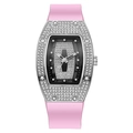 Macro detail of tonneau diamond watch with star-shaped screws and pink silicone band - Pink
