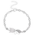 Detailed shot of silver cat bracelet with opal stone and sparkling rhinestone accents - Cat Bracelet / White K (K-1111)