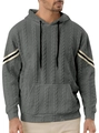 Detail von Herren Strick-Kapuzenpullover mit grauer Textur und gestreiften Ärmelnähten - S / Dunkelgrau