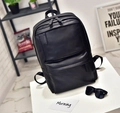 Fashionable black faux leather backpack for men featuring multi-layered zipper pockets - Style 9802 / Black