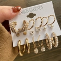 French vintage gold earring set with faux pearls and rhinestones shown on hand card - Pearl Inlaid Hoop and Metal Plain Ring Set (C20-07-17)