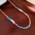 Baroque freshwater pearl necklace with orange and blue beads on brown silk fabric - Pink Blue Square Aquamarine Pearl Necklace (#59)