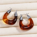 Retro geometric amber resin U-shaped earrings with elegant silver metal buckles - Amber Silver