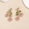 Floral dangle earrings with colorful zircons and pink flower petals in golden finish - Colorful