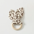 Baby teething ring with brown leopard print cotton bunny ears and natural wood - Leopard Print