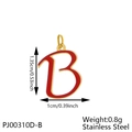 Detail showing dimensions of red enamel letter B pendant in gold stainless steel - Letter B-Red