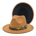 Detailed view of camel wool fedora hat with multi-color snakeskin band and gold buckle - M (56-58cm) / Camel and Black