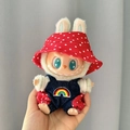 Plush doll in red polka dot hat and rainbow denim overalls shown held in hand - Rainbow Red Polka Dot Set / First And Second Generation Keychains Are Compatible With La Cloth Dolls. Dolls Not Included.
