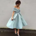 Elegant baby blue off-shoulder midi dress with pleated skirt for party occasions - US size 14W / As Shown
